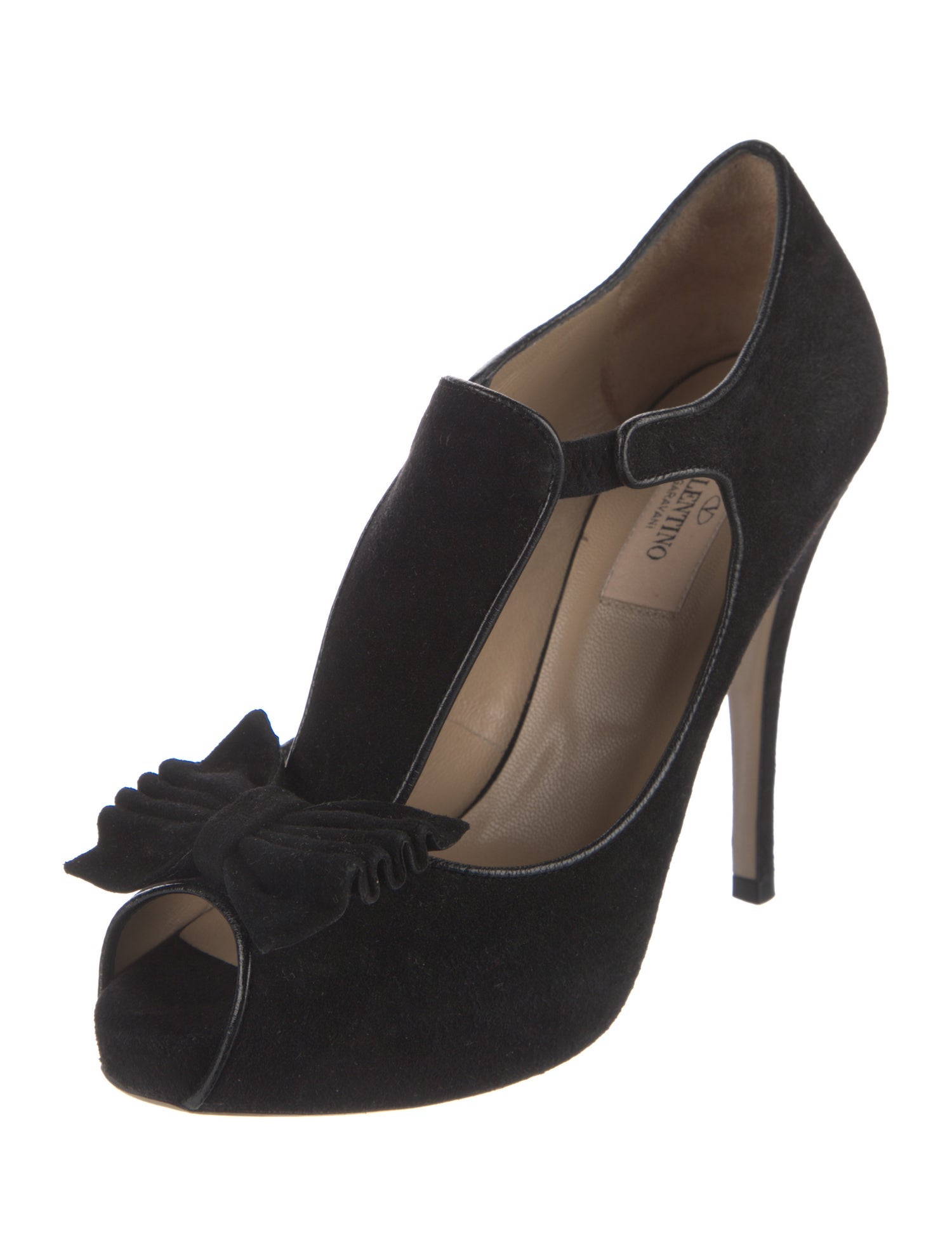Valentino Suede Bow Accents T-Strap Pumps