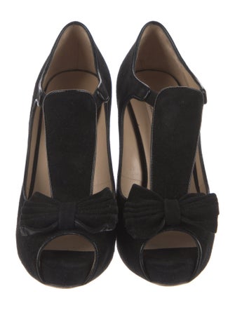 Valentino Suede Bow Accents T-Strap Pumps