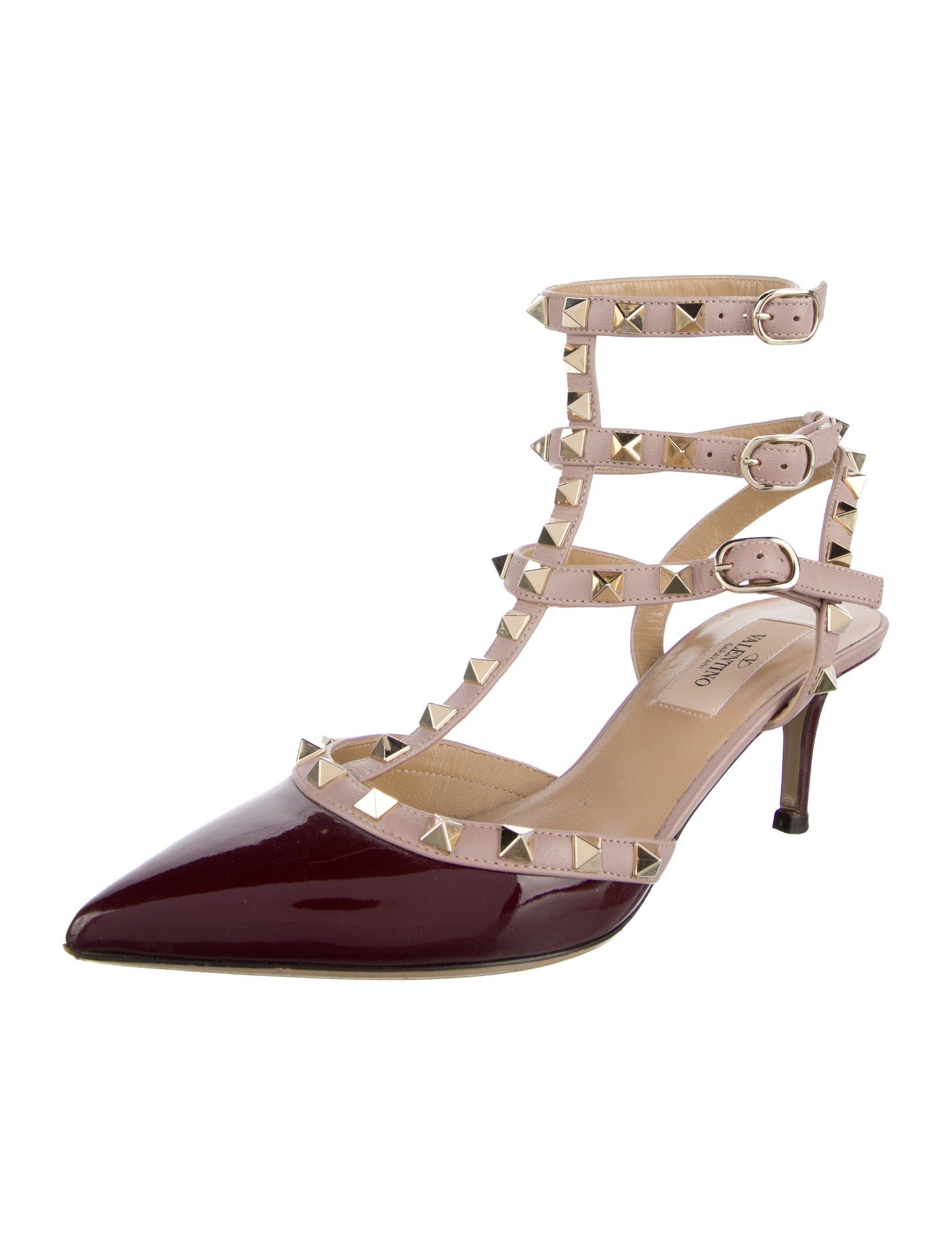 Valentino Patent Leather Colorblock Pattern T-Strap Pumps