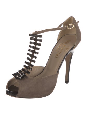 Valentino Suede Leather Trim Embellishment T-Strap Pumps