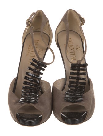 Valentino Suede Leather Trim Embellishment T-Strap Pumps