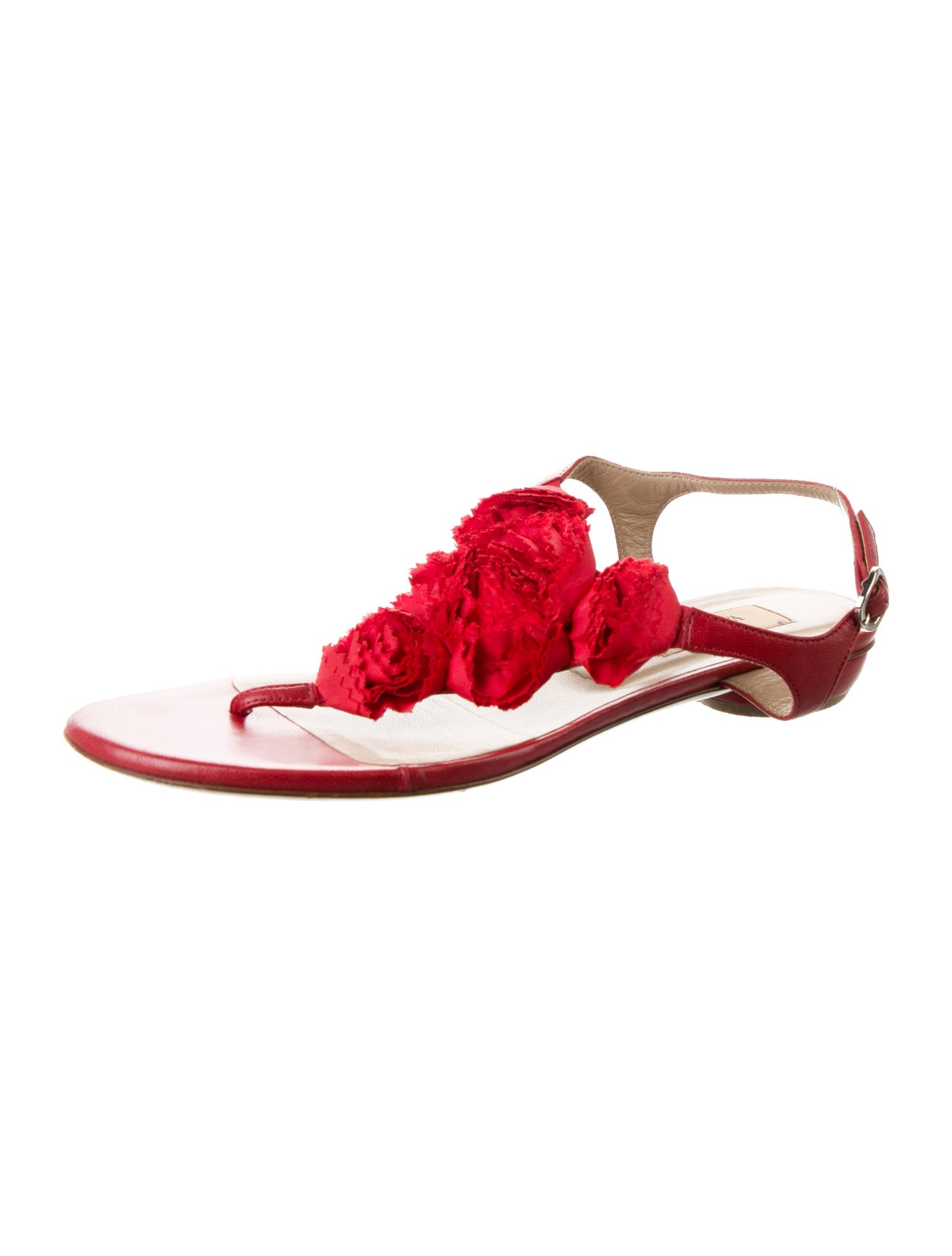 Valentino Leather Floral Print T-Strap Sandals
