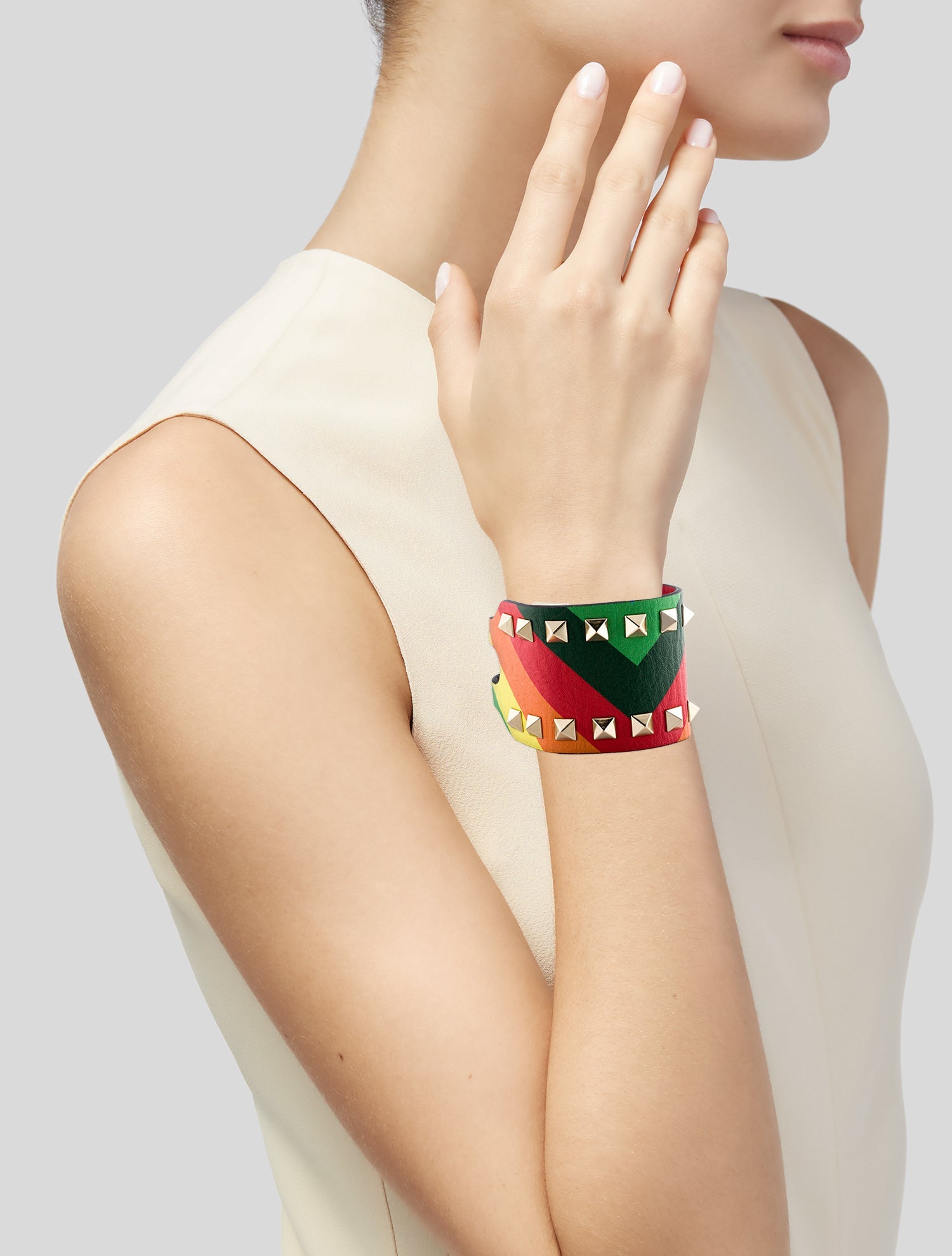 Valentino Rainbow Wide Rockstud Leather Bracelet