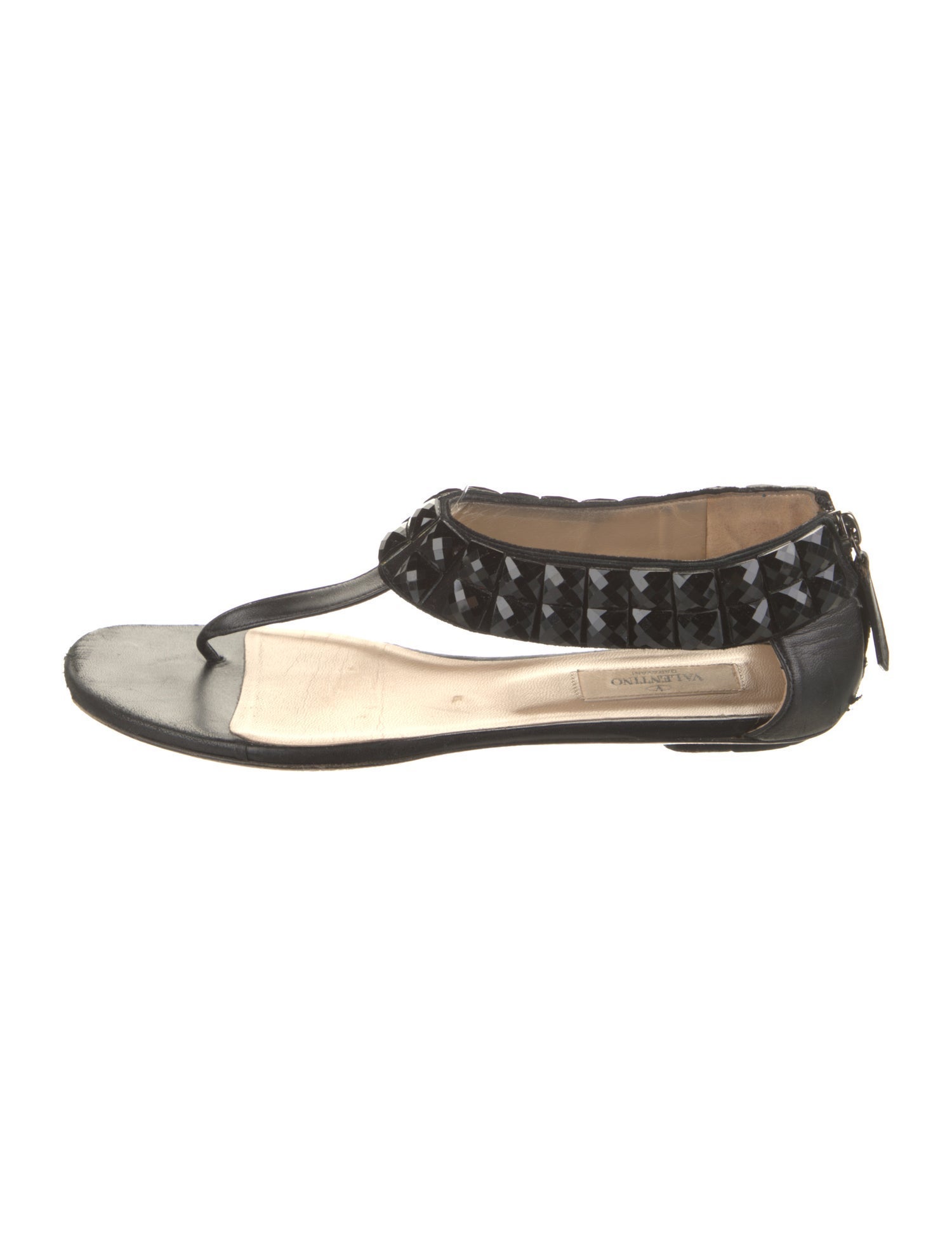 Valentino Leather Crystal Embellishments T-Strap Sandals