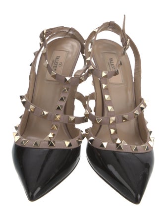 Valentino Patent Leather Colorblock Pattern T-Strap Pumps