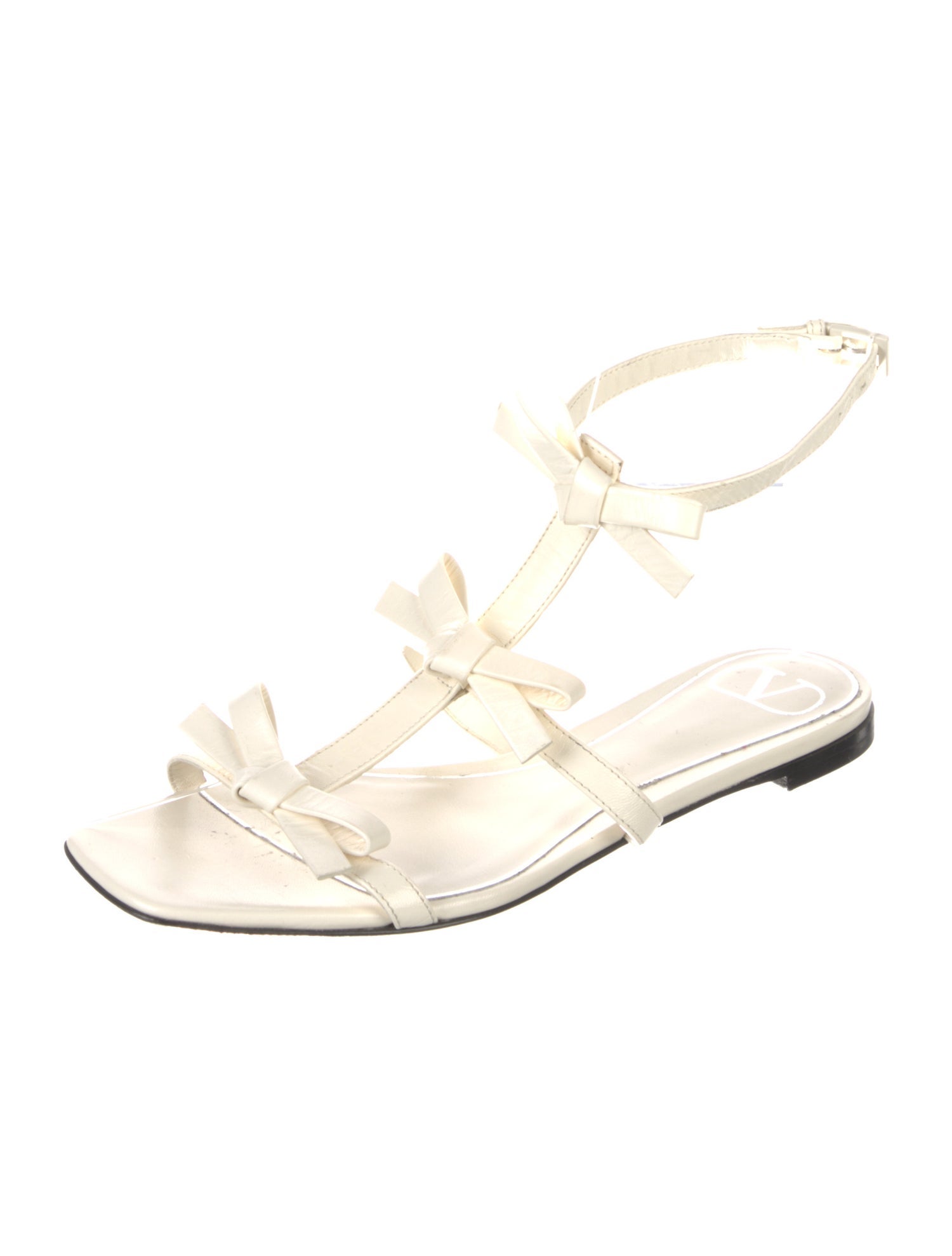 Valentino Leather Bow Accents T-Strap Sandals