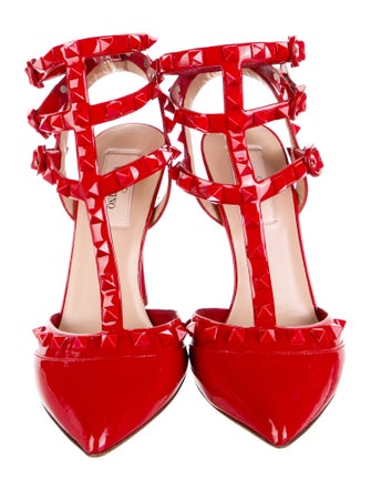 Valentino Rockstud Accents Patent Leather T-Strap Pumps