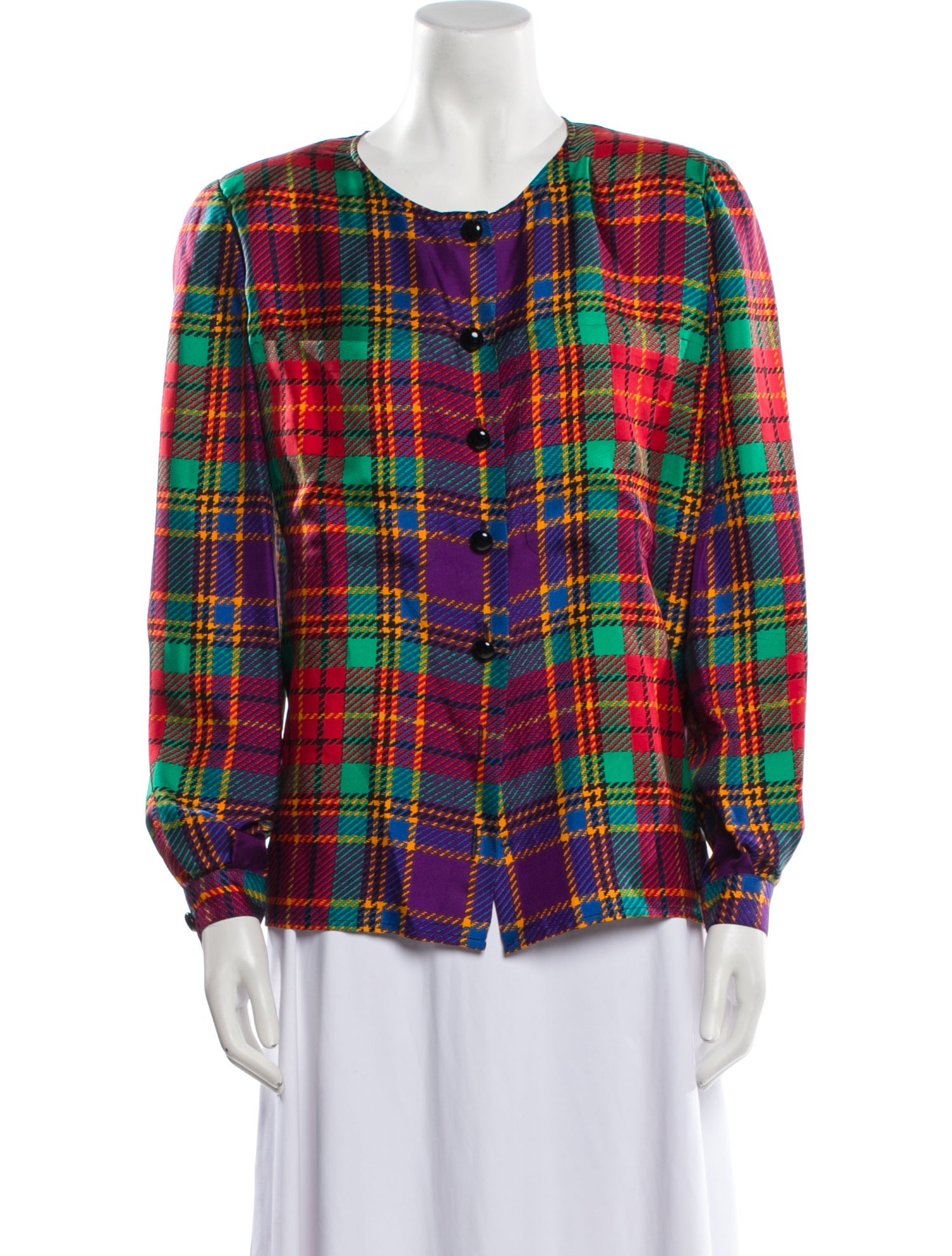 Valentino Silk Plaid Print Button-Up Top
