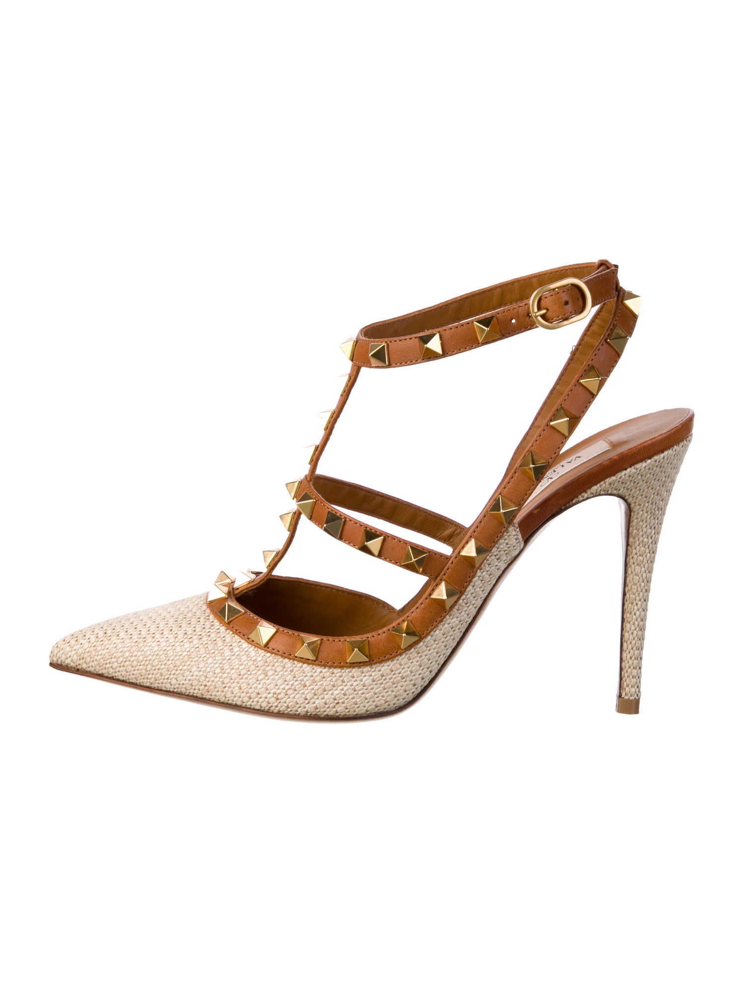 Valentino Rockstud Accents Raffia T-Strap Pumps