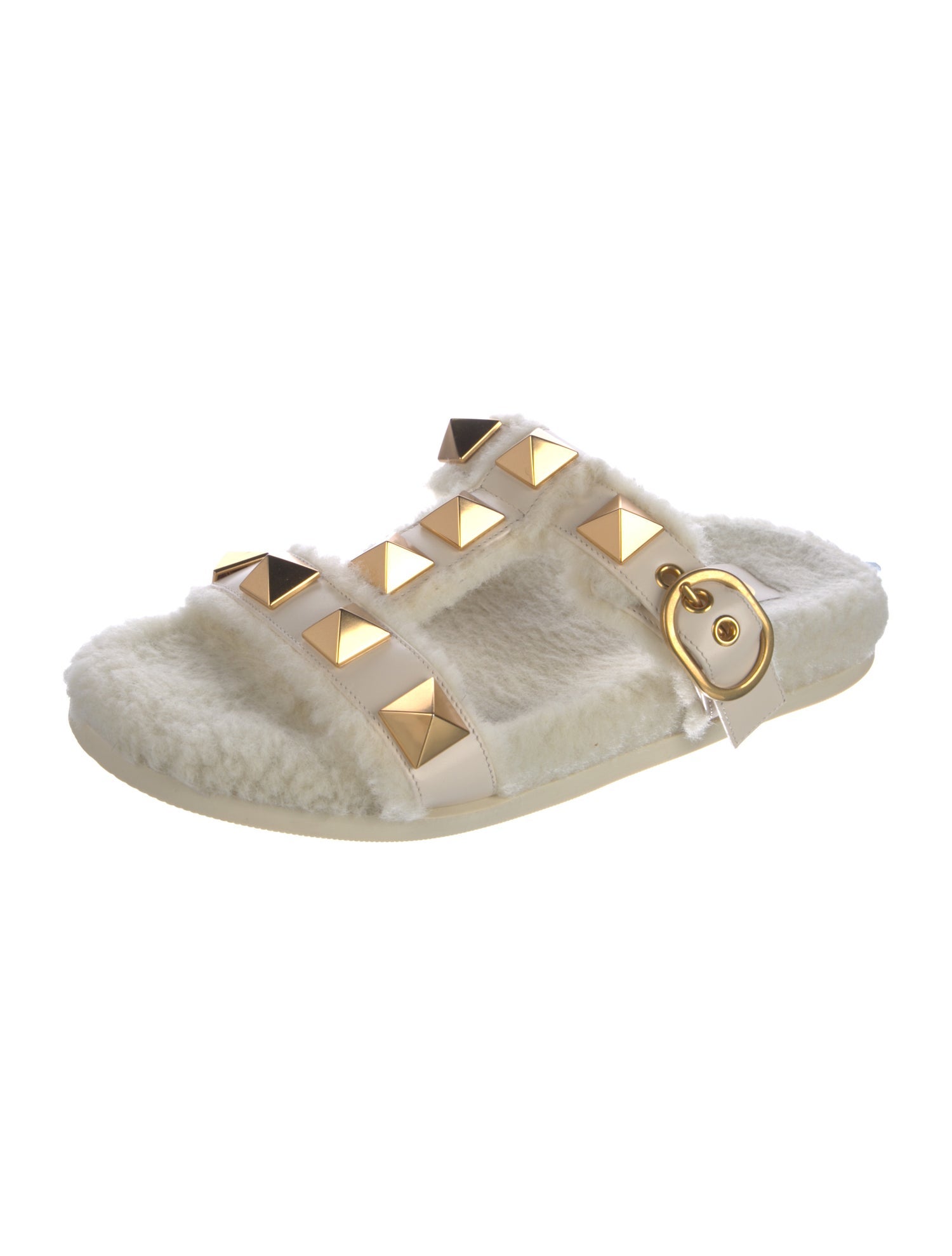 Valentino Rockstud Accents Shearling Slides