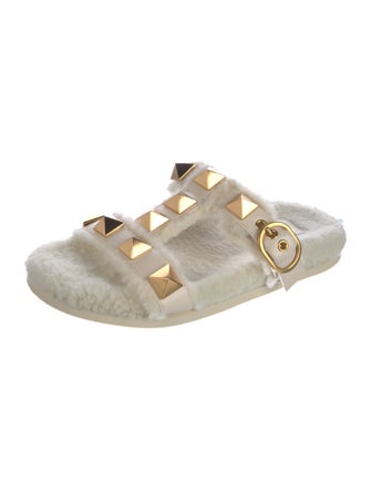 Valentino Rockstud Accents Shearling Slides