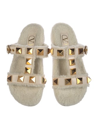 Valentino Rockstud Accents Shearling Slides