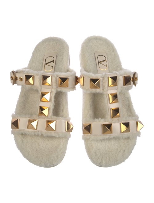 Valentino Rockstud Accents Shearling Slides