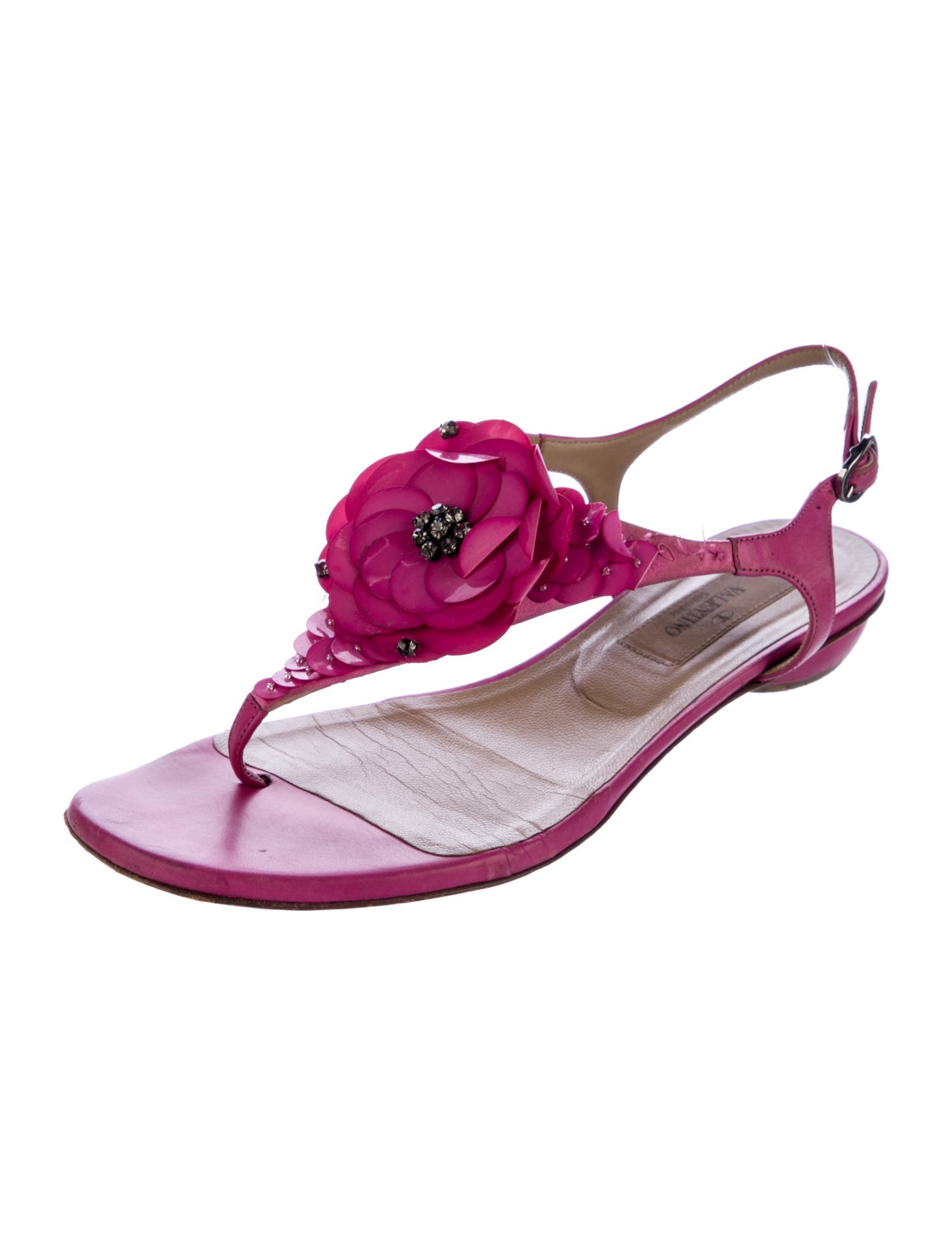 Valentino Leather Crystal Embellishments T-Strap Sandals