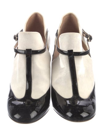 Valentino Patent Leather Colorblock Pattern T-Strap Pumps