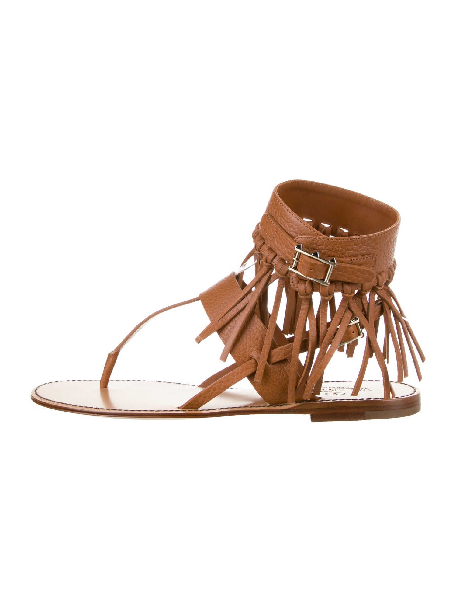 Valentino Leather Fringe Trim Accent Gladiator Sandals