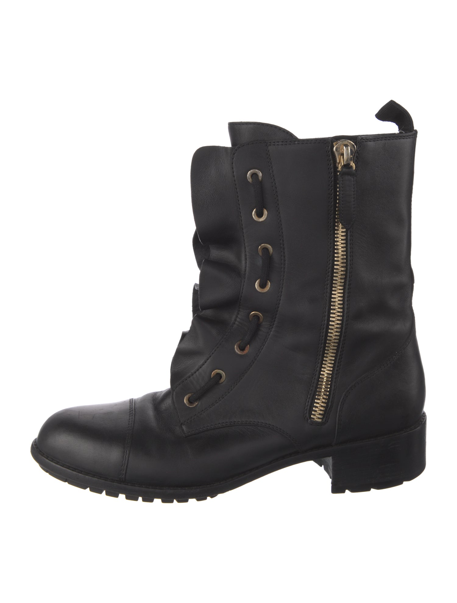 Valentino Leather Ruffle Embellishment Combat Boots