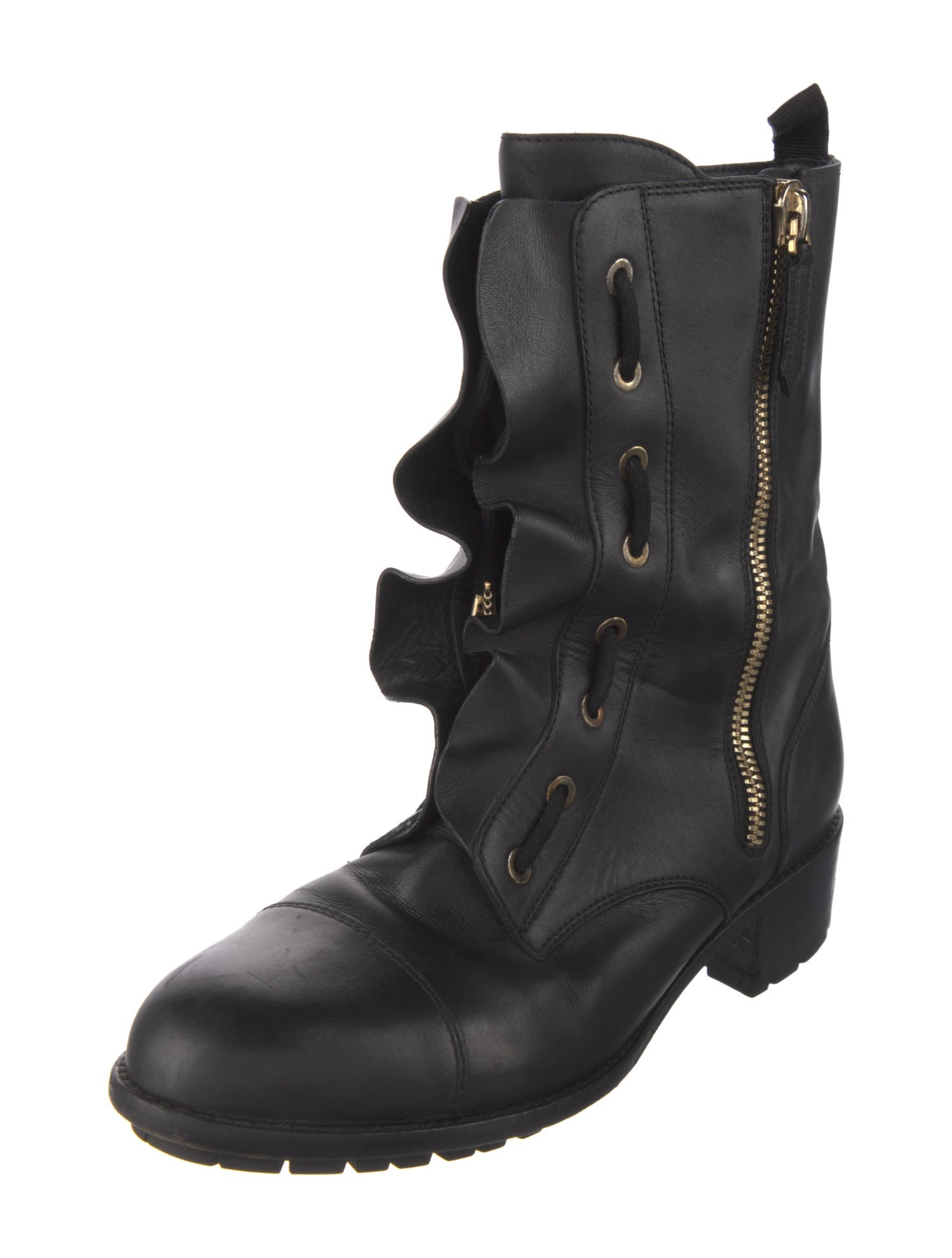 Valentino Leather Ruffle Embellishment Combat Boots