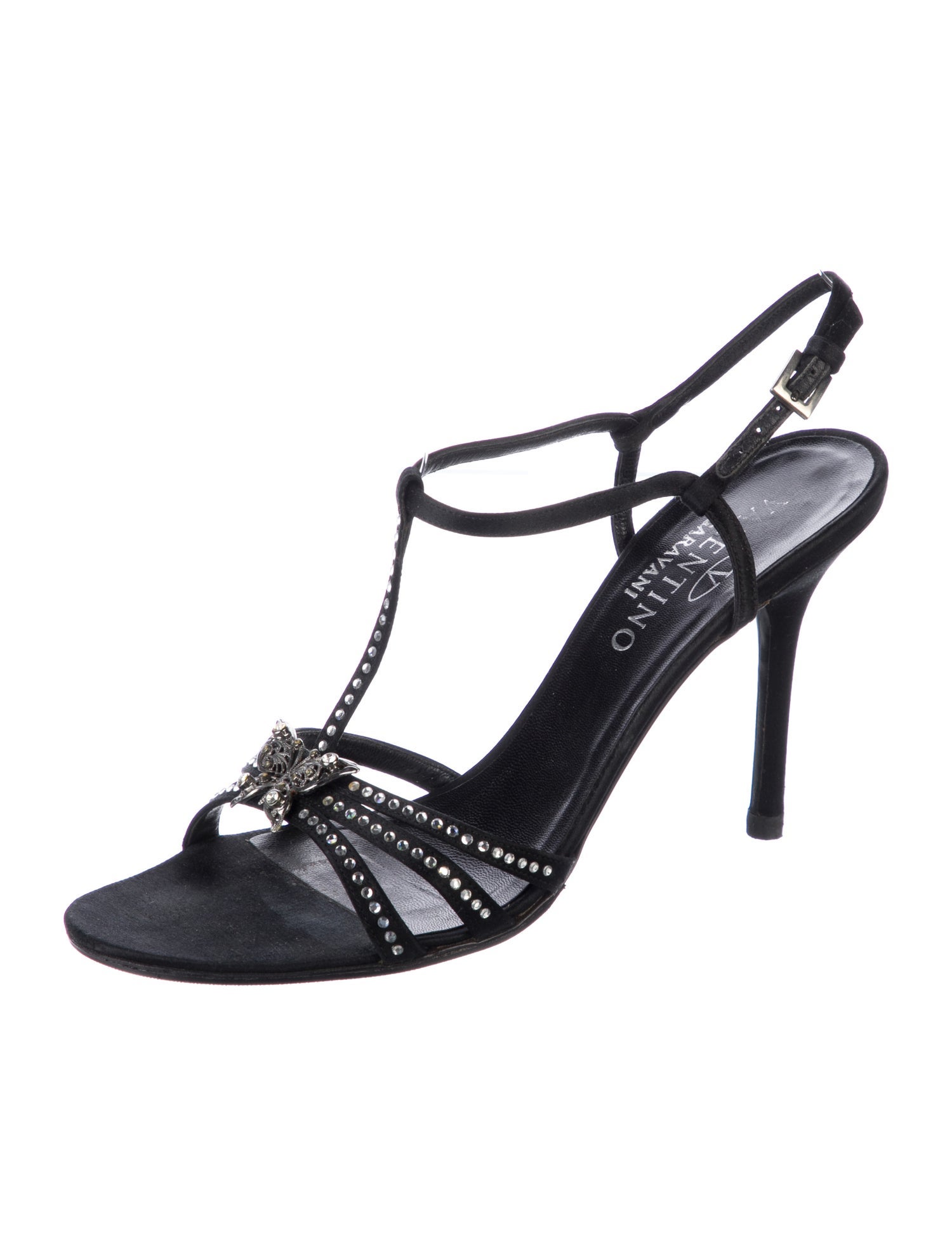 Valentino Satin Crystal Embellishments T-Strap Sandals
