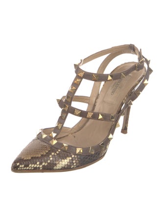 Valentino Rockstud Accents Snakeskin T-Strap Pumps