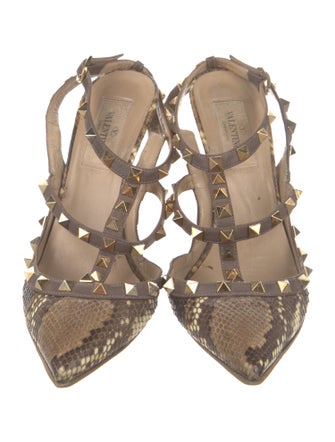 Valentino Rockstud Accents Snakeskin T-Strap Pumps