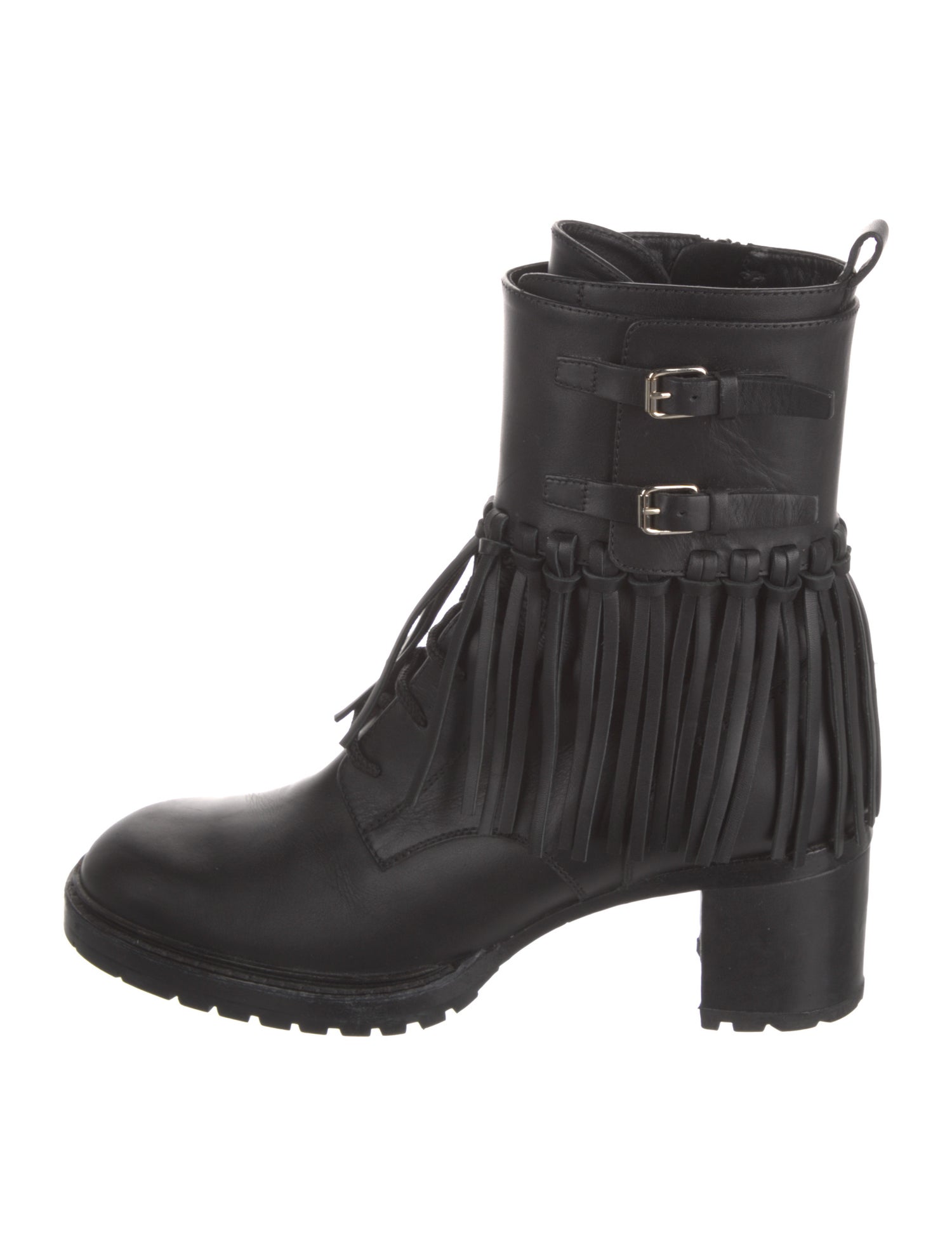 Valentino Leather Fringe Trim Accent Combat Boots