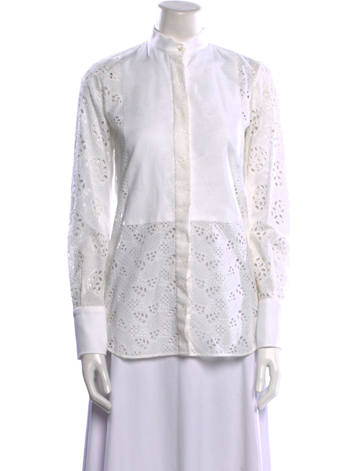 Valentino Lace Pattern Mock Neck Button-Up Top