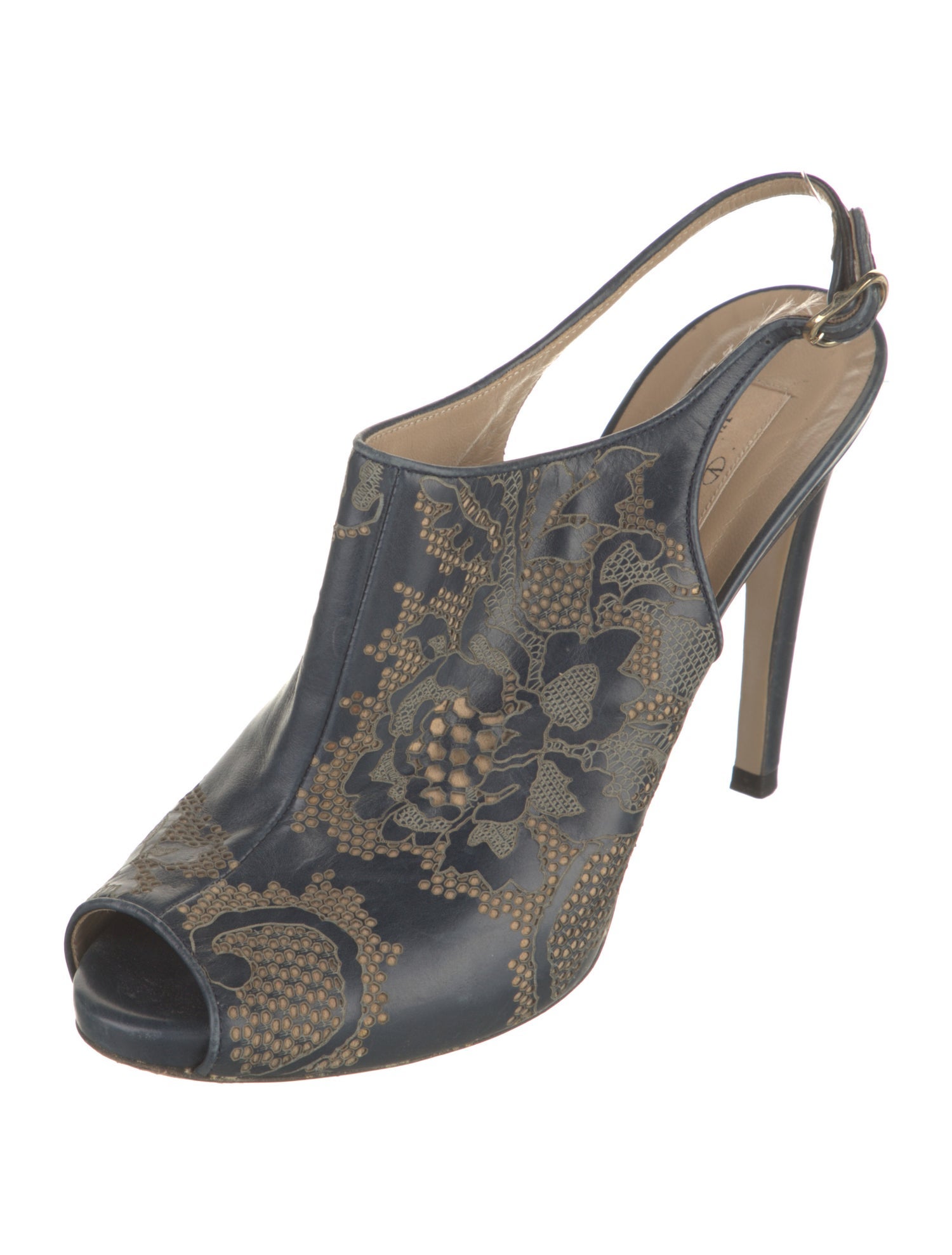 Valentino Leather Lace Pattern Slingback Pumps