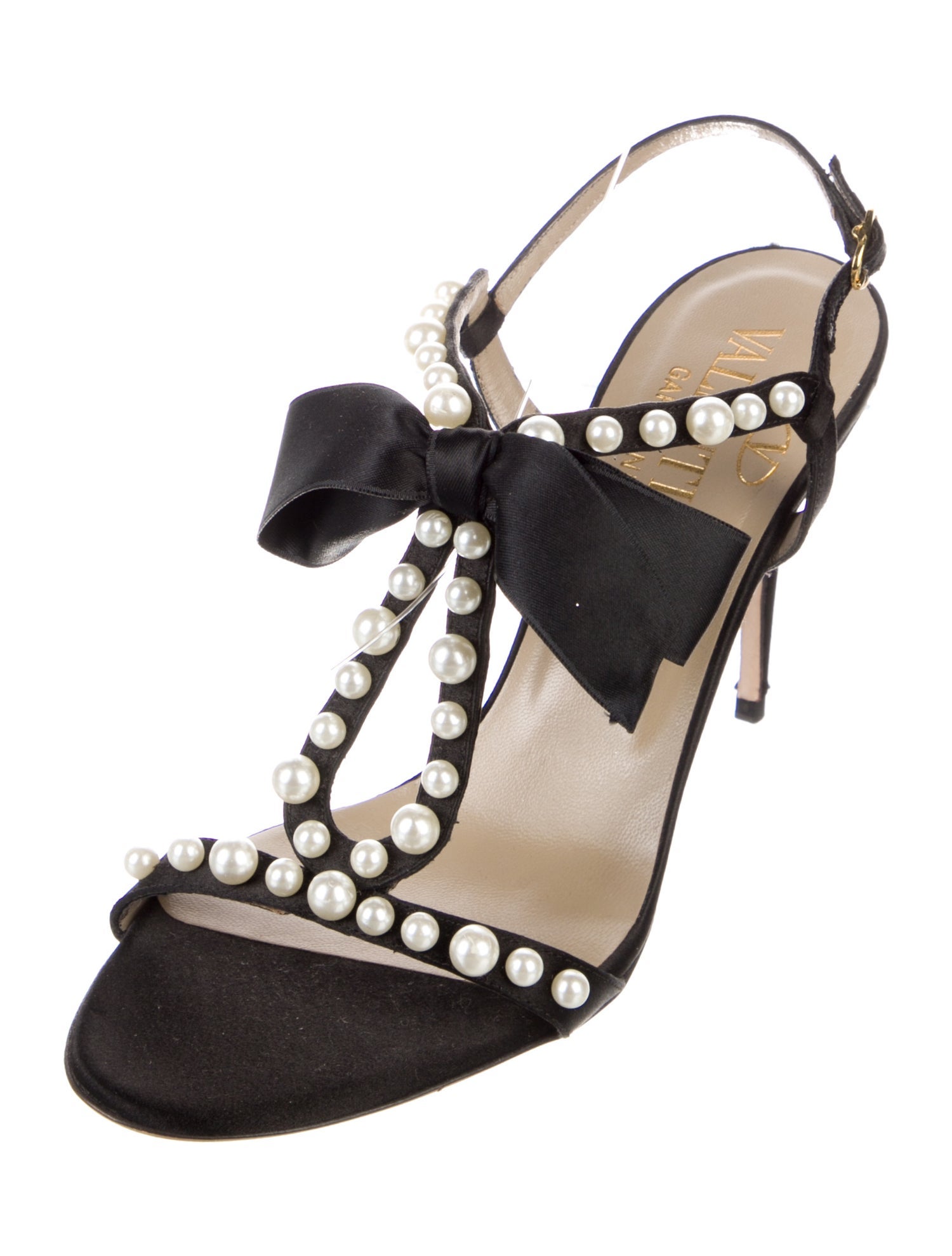 Valentino Faux Pearl Accents Satin T-Strap Sandals