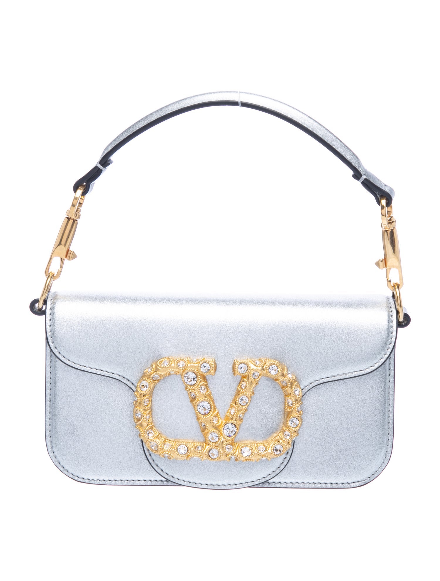 Valentino Leather Garavani Locò Small Shoulder Bag In Laminated Calfskin With Jewel Logo Mini