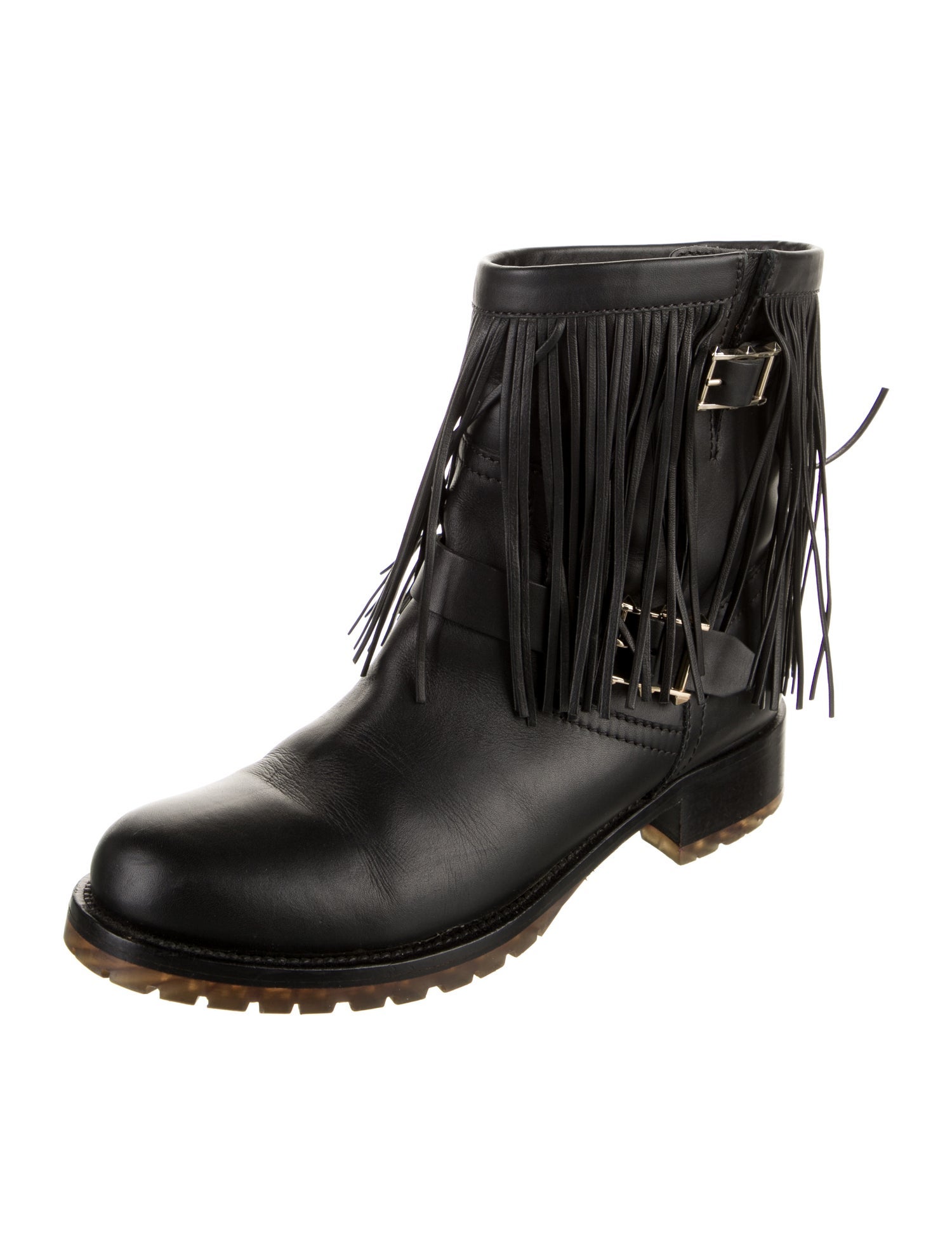 Valentino Leather Fringe Trim Accent Moto Boots