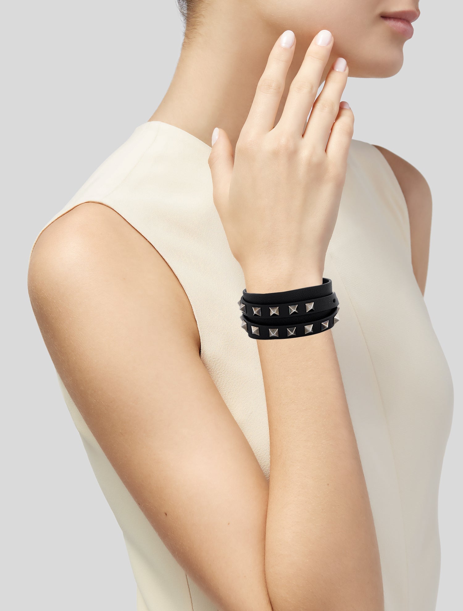 Valentino Leather Rockstud Double Wrap Bracelet