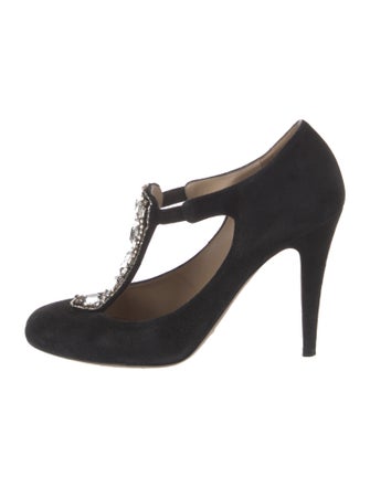 Valentino Suede Crystal Embellishments T-Strap Pumps