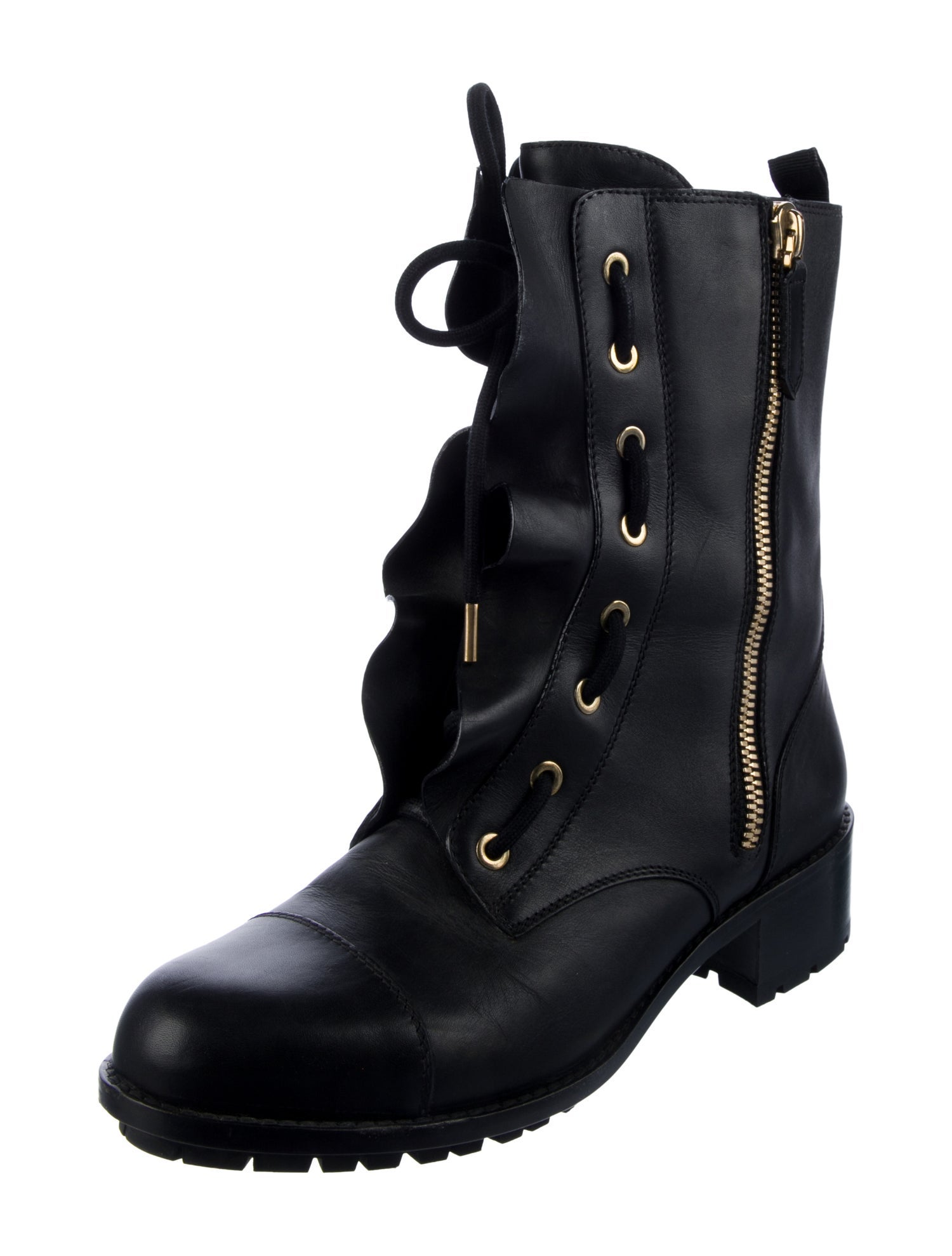 Valentino Leather Ruffle Embellishment Combat Boots