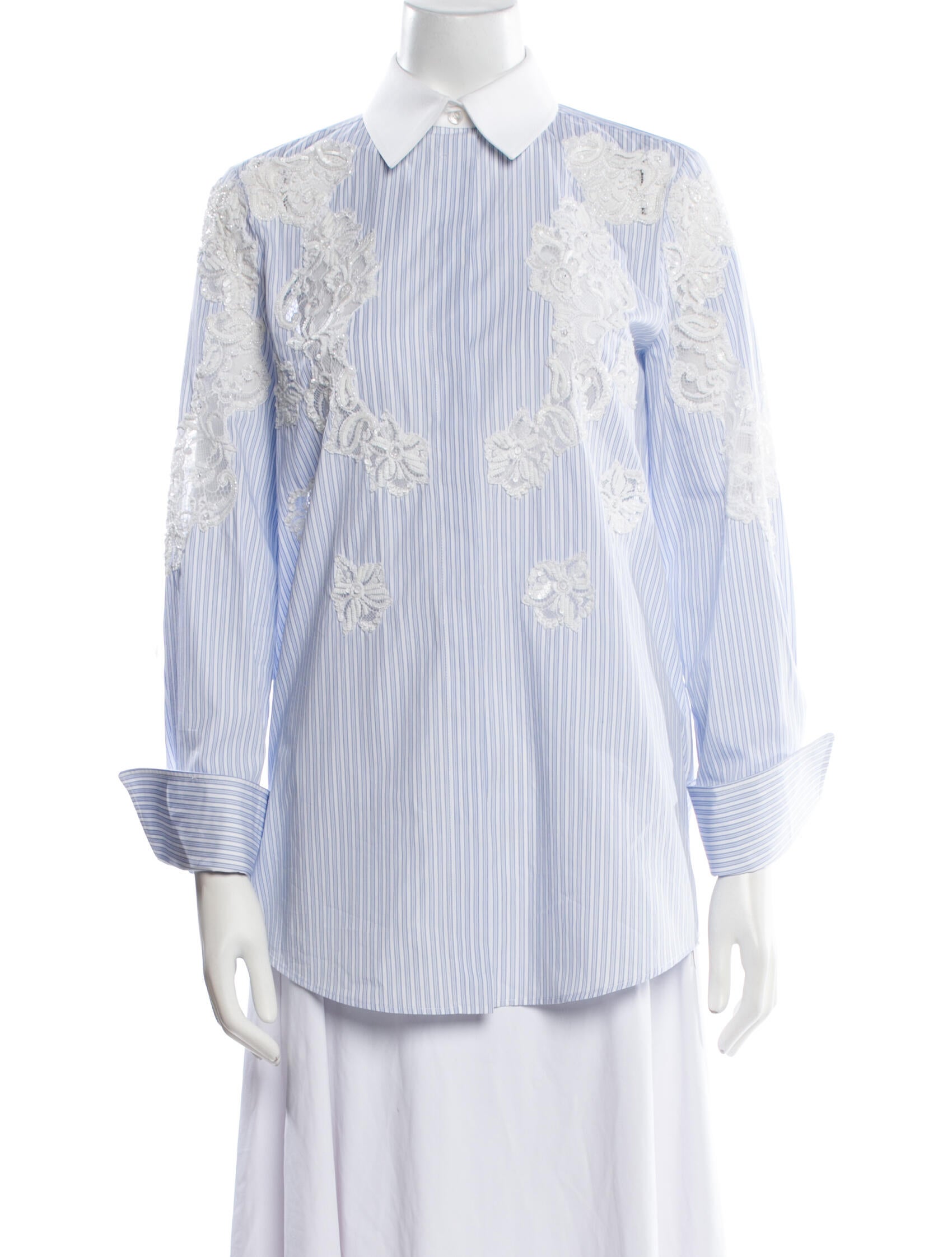 Valentino Striped Three-Quarter Sleeve Button-Up Top