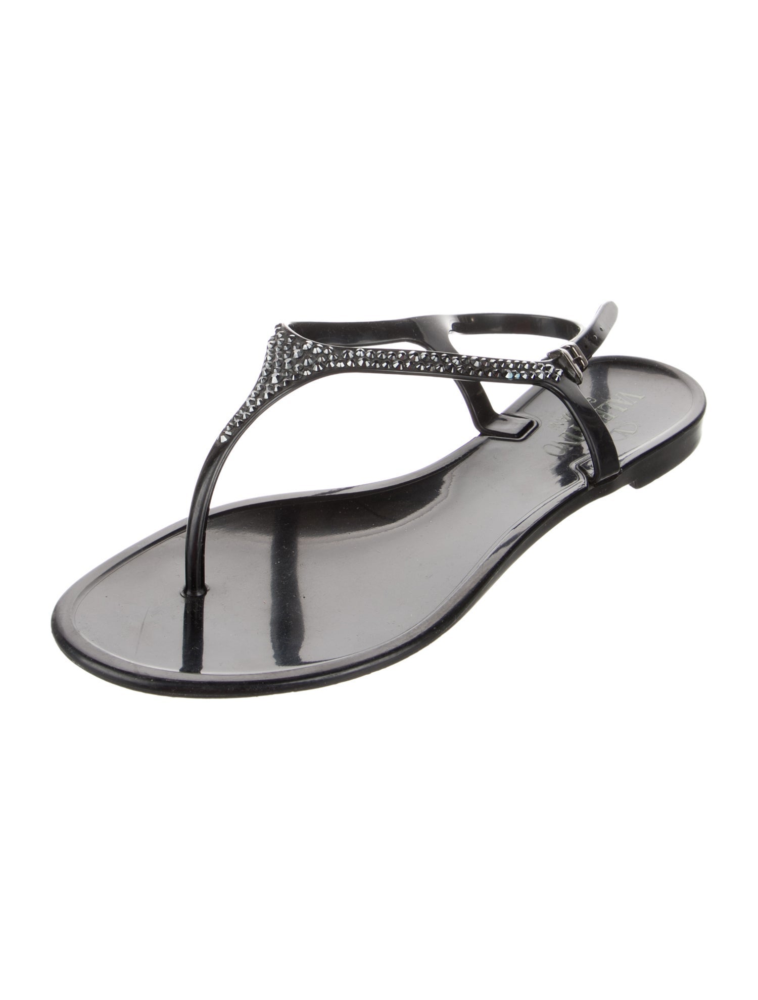 Valentino Rubber Crystal Embellishments T-Strap Sandals