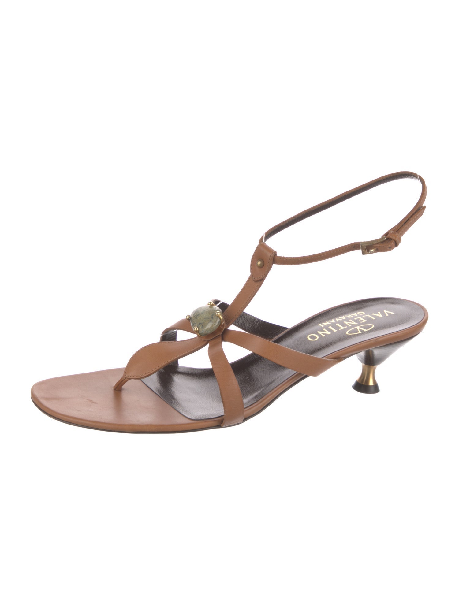 Valentino Leather Beaded Accents T-Strap Sandals