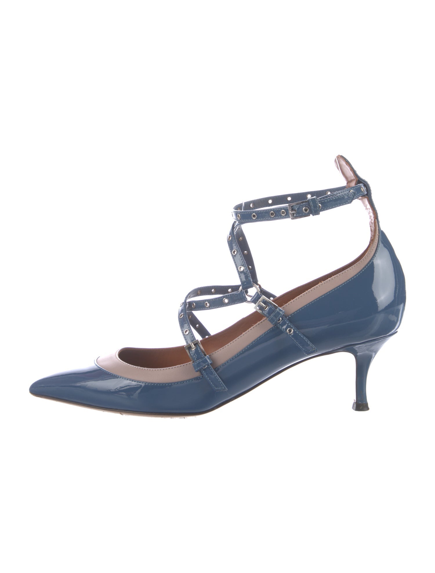 Valentino Patent Leather Colorblock Pattern T-Strap Pumps