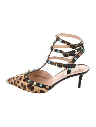 Valentino Rockstud Accents Ponyhair T-Strap Pumps