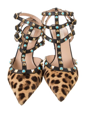 Valentino Rockstud Accents Ponyhair T-Strap Pumps