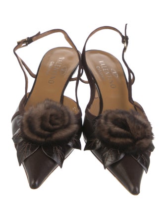 Valentino Leather Fur Trim Slingback Pumps