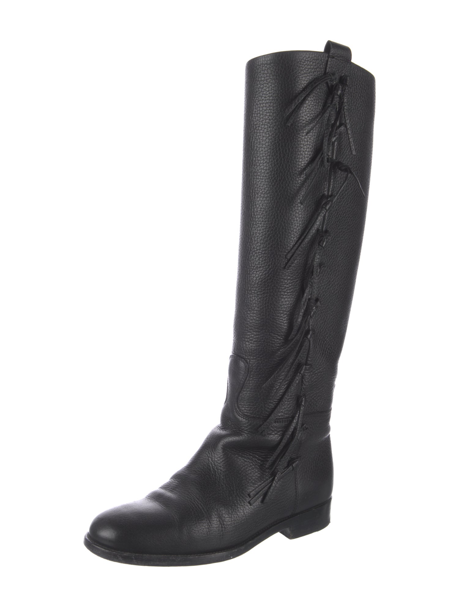 Valentino Leather Fringe Trim Accent Riding Boots