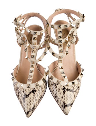 Valentino Rockstud Accents Snakeskin T-Strap Pumps