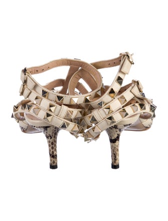 Valentino Rockstud Accents Snakeskin T-Strap Pumps