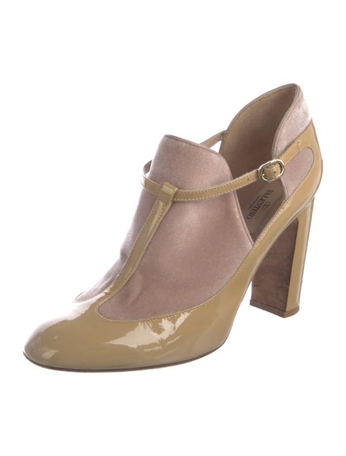 Valentino Patent Leather Colorblock Pattern T-Strap Pumps