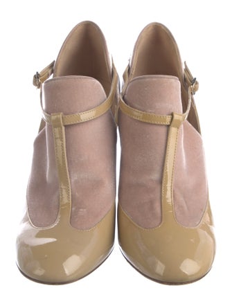 Valentino Patent Leather Colorblock Pattern T-Strap Pumps