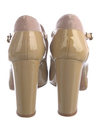 Valentino Patent Leather Colorblock Pattern T-Strap Pumps