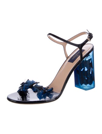 Valentino Patent Leather Feather Trim Sandals