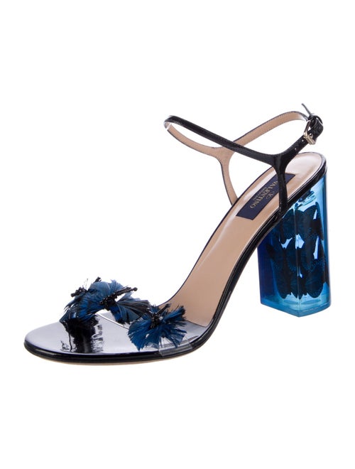 Valentino Patent Leather Feather Trim Sandals