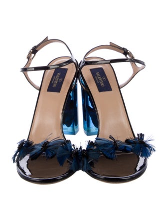 Valentino Patent Leather Feather Trim Sandals